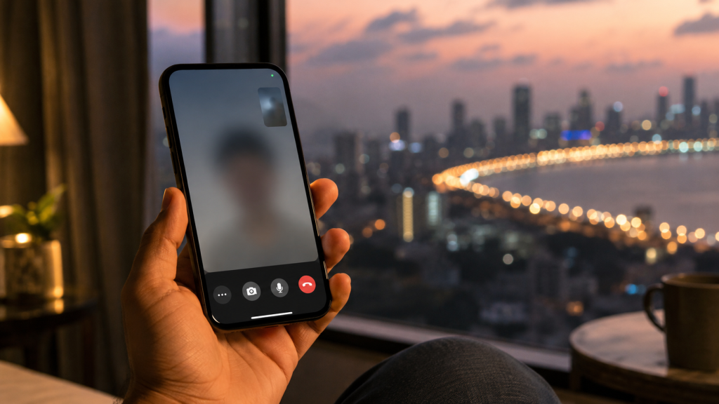 Smartphone showing chat app UI with Mumbai skyline at dusk