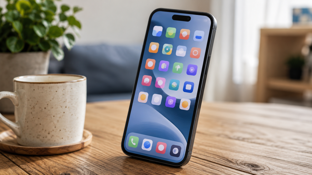 Smartphone showing app grid icons on wooden table