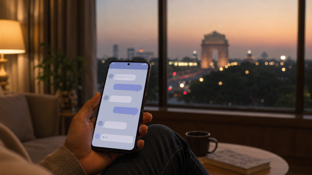 Smartphone showing chat app UI with Delhi skyline at dusk